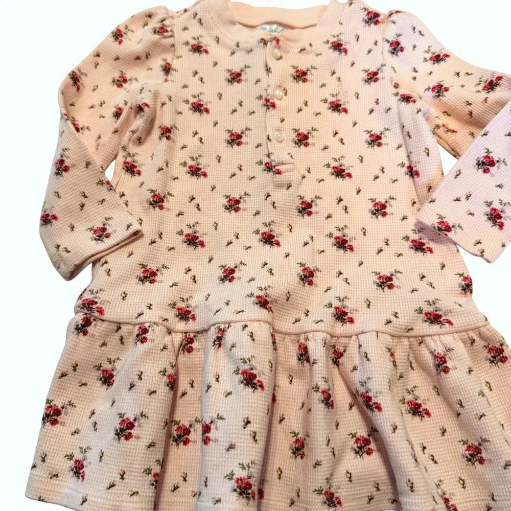 Ralph Lauren Baby Girls Pink Floral Waffle Knit Henley Dress &‎ Bloomers Set 12M